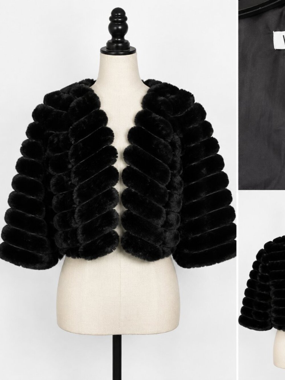 WD.NY Women’s XL Black Faux Fur Cropped Jacket 3/4 Sleeve Plush Bolero NWT.